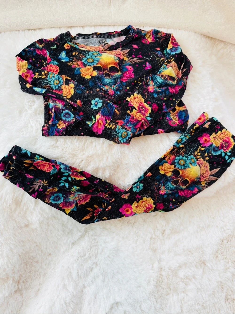 Bums & Roses, 2T, Floral Skull Two-Piece Pajama Set - Vibrant Multi on Black